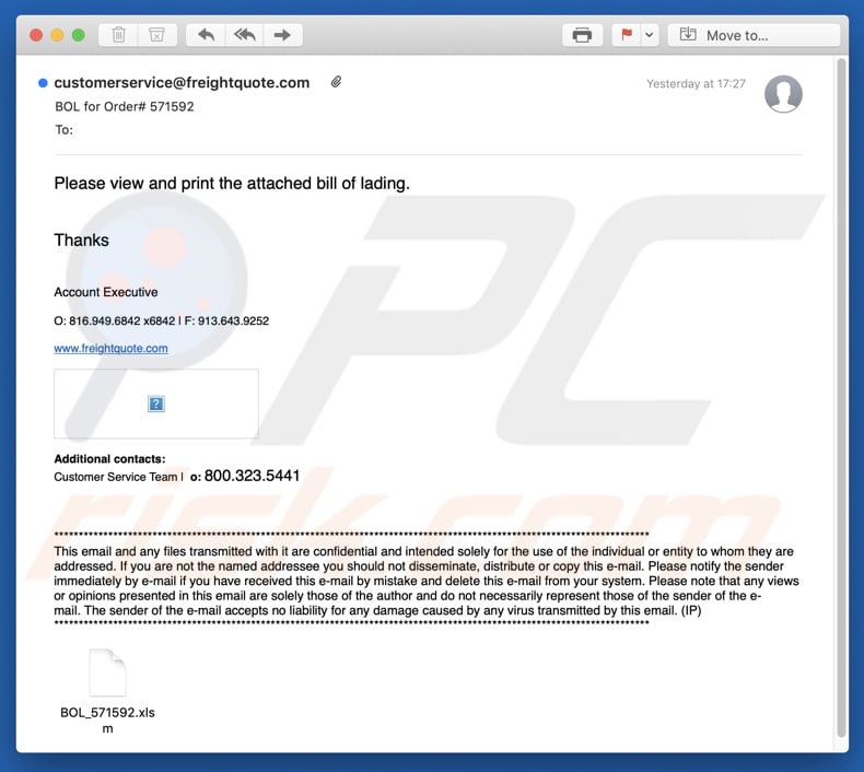 Bill of lading email virus malware-spreading email spam campaign