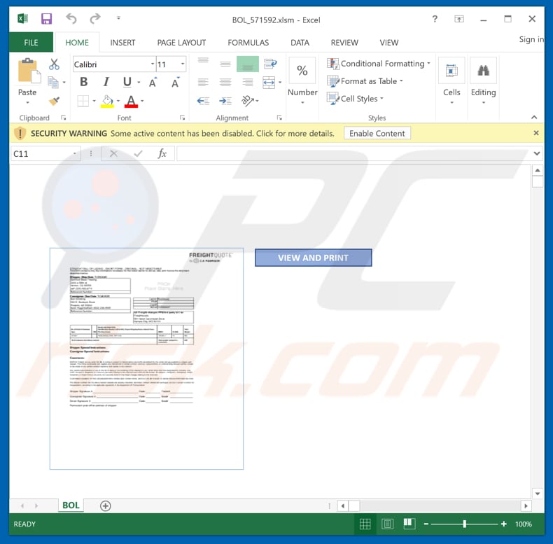 Malicious attachment distributed through Bill of lading malspam email