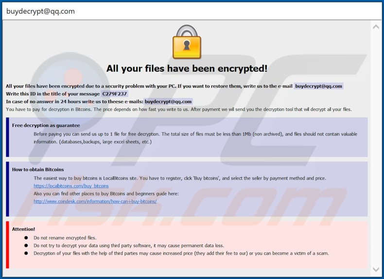 Bip ransomware ransom note (pop-up)
