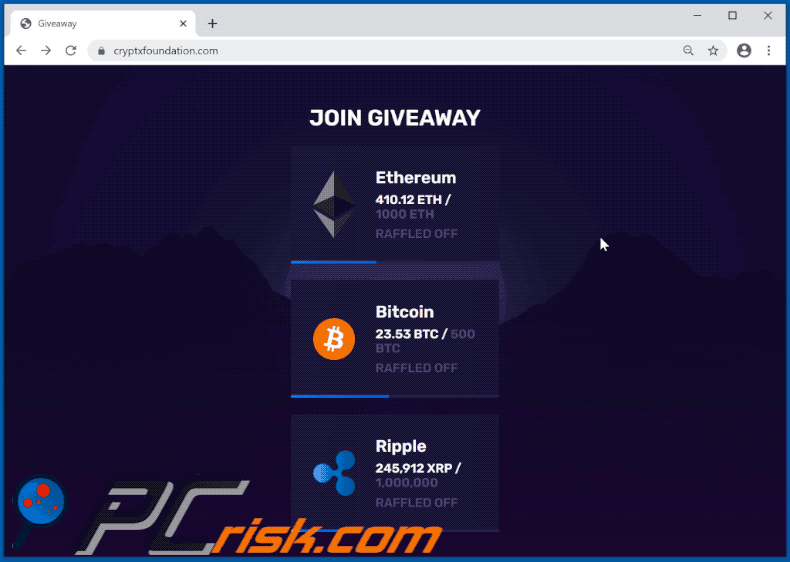 cryptxfoundation.com website promoting cryptocurrency giveaway scam