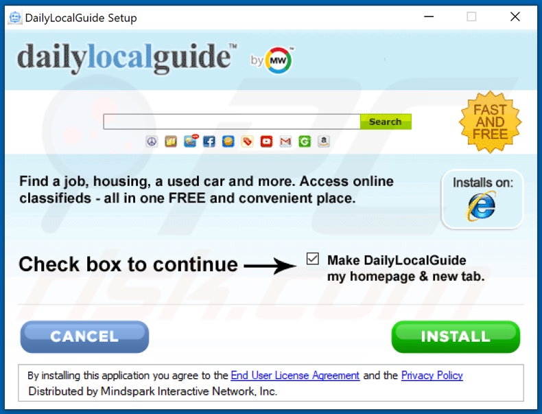 Official DailyLocalGuide browser hijacker installation setup