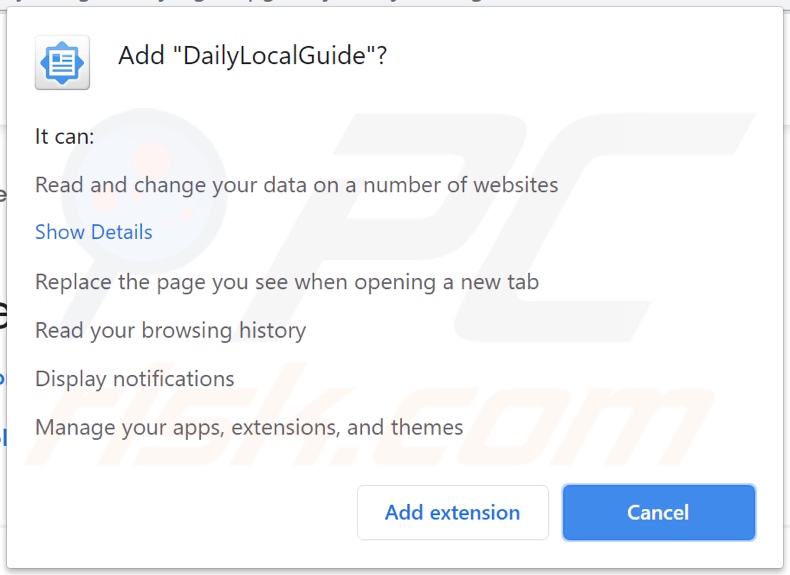 DailyLocalGuide browser hijacker asking for permissions (Chrome)