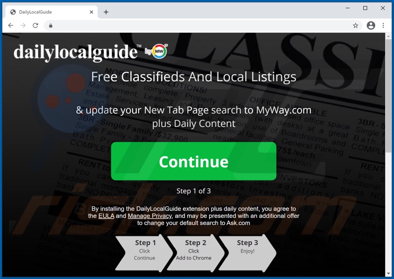 Website used to promote DailyLocalGuide browser hijacker (Chrome)