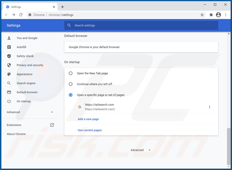 Removing tailsearch.com from Google Chrome homepage