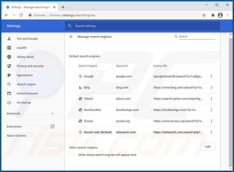 Removing tailsearch.com from Google Chrome default search engine