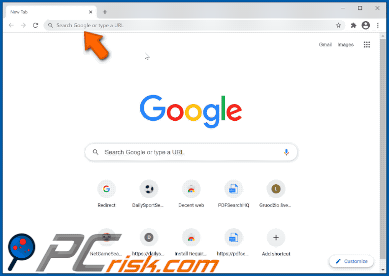 Decent web browser hijacker promoting tailsearch.com that redirects to Google (GIF)