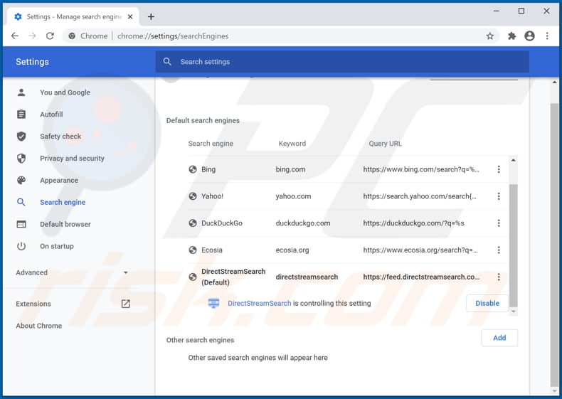 Removing directstreamsearch.com from Google Chrome default search engine