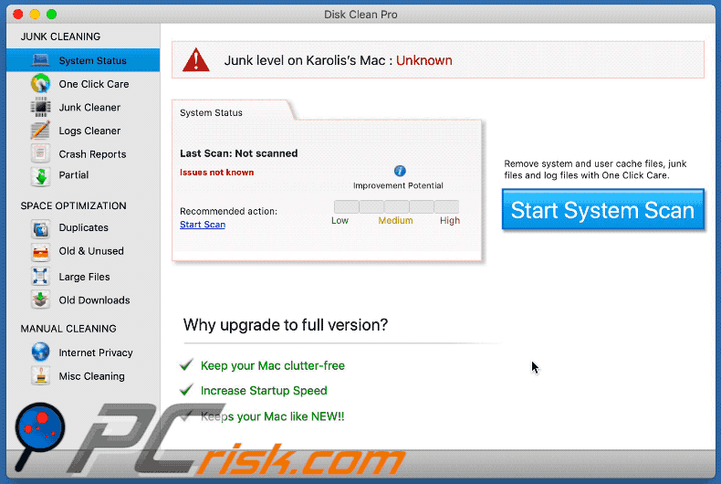 Appearance of Disk Clean Pro PUA (GIF)