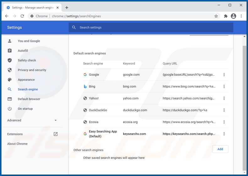 Removing keysearchs.com from Google Chrome default search engine