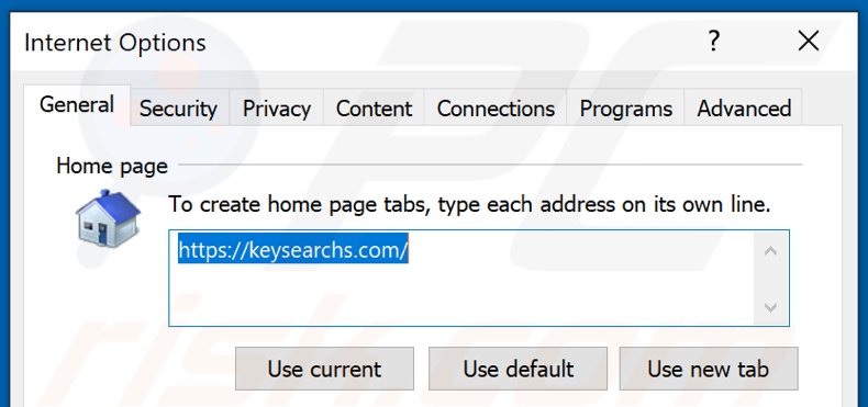 Removing keysearchs.com from Internet Explorer homepage