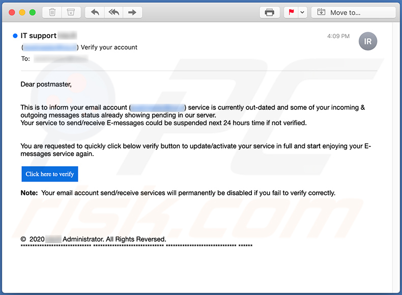 Email verification-themed spam email promoting a phishing website