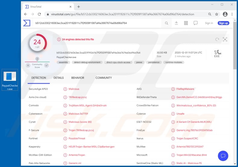 fake paypal account checker malware virustotal detections list