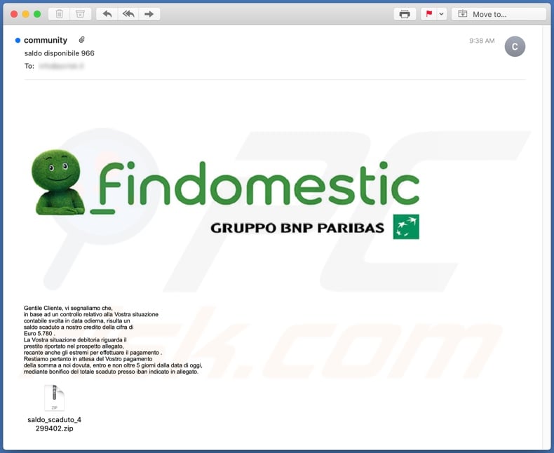 Findomestic malware-spreading email spam campaign