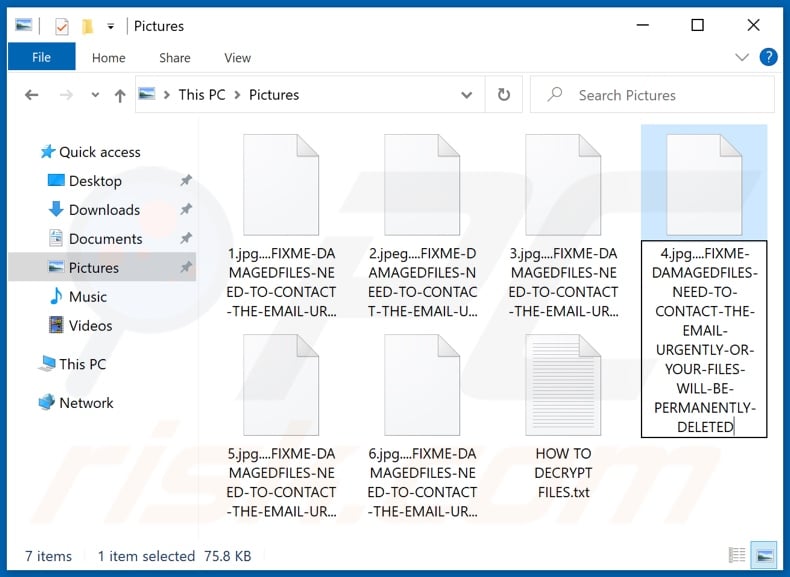 Files encrypted by Files Fixer ransomware (....FIXME-DAMAGEDFILES-NEED-TO-CONTACT-THE-EMAIL-URGENTLY-OR-YOUR-FILES-WILL-BE-PERMANENTLY-DELETED extension)