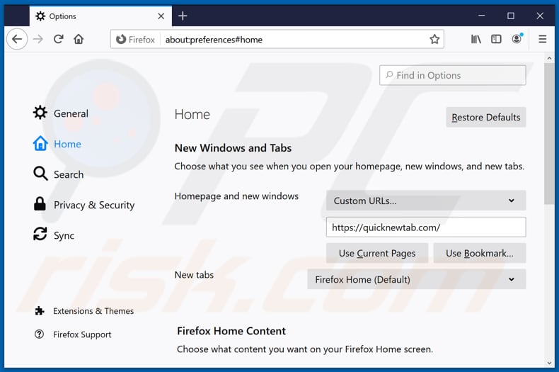 Removing quicknewtab.com from Mozilla Firefox homepage