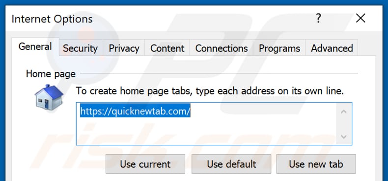 Removing quicknewtab.com from Internet Explorer homepage