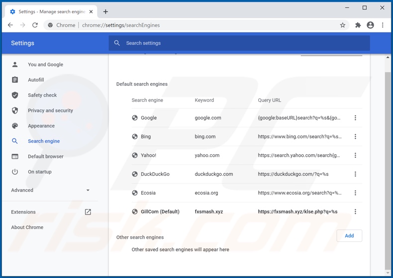 Removing fxsmash.xyz from Google Chrome default search engine