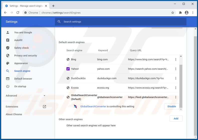 Removing globalsearchconverter.com from Google Chrome default search engine
