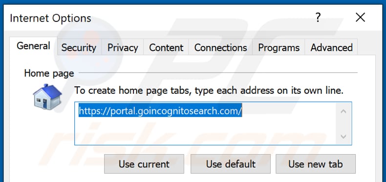 Removing goincognitosearch.com from Internet Explorer homepage