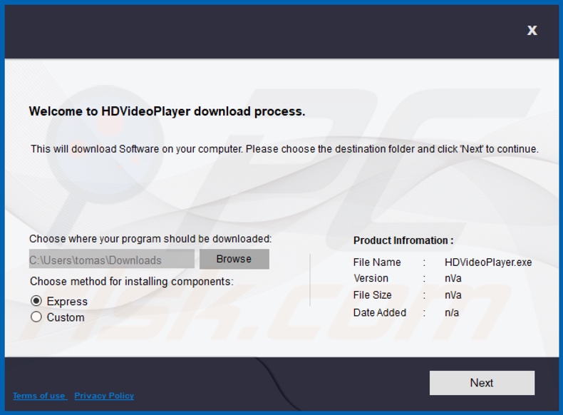 HD Video Player potentially unwanted application installer 2 (opened by the first install setup)