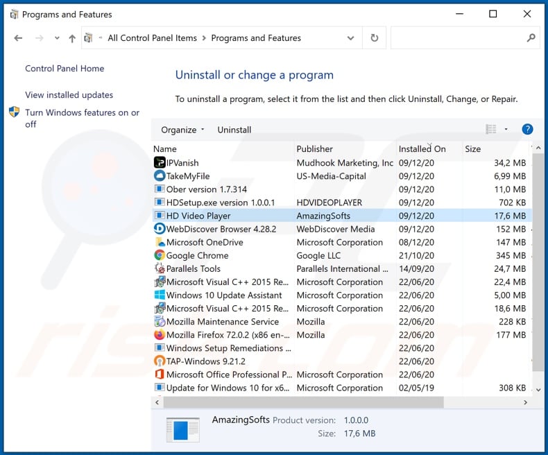 HD Video Player uninstall via Control Panel