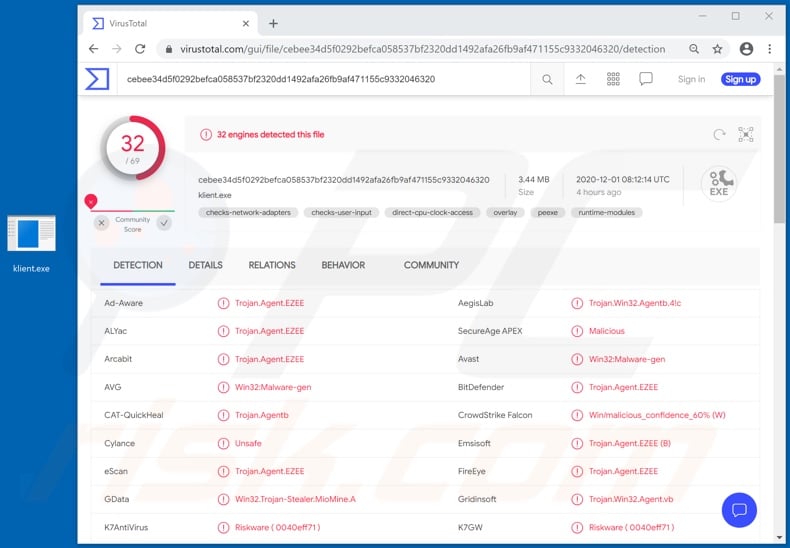 IceRAT malware detections on VirusTotal