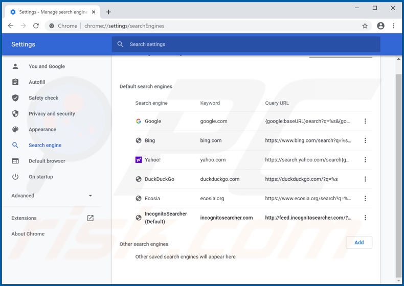 Removing incognitosearcher.com from Google Chrome default search engine