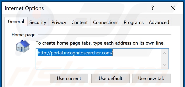 Removing incognitosearcher.com from Internet Explorer homepage