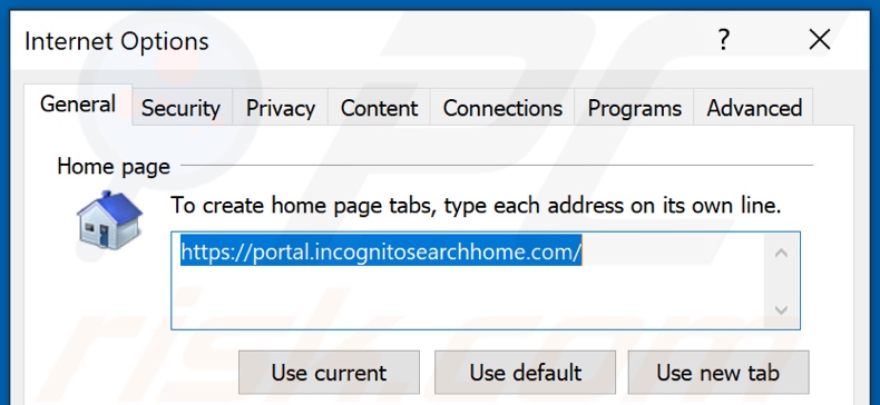 Removing incognitosearchhome.com from Internet Explorer homepage