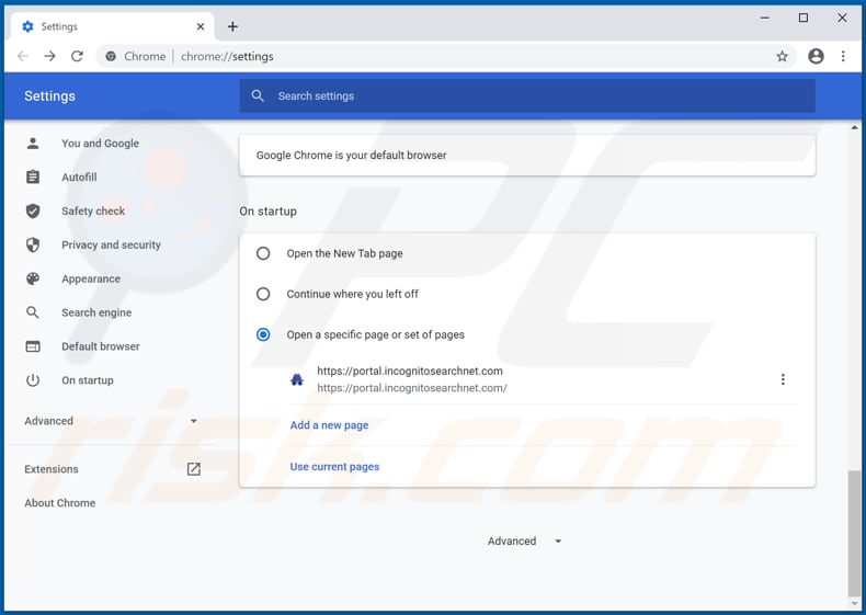 Removing incognitosearchnet.com from Google Chrome homepage