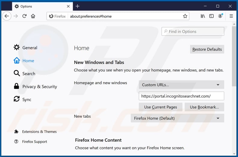 Removing incognitosearchnet.com from Mozilla Firefox homepage