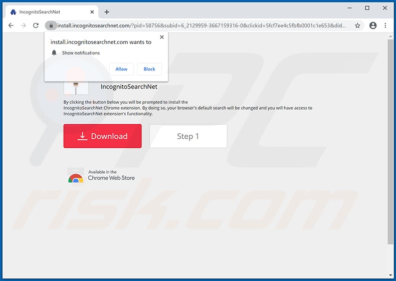 Website promoting IncognitoSearchNet browser hijacker (sample 2)