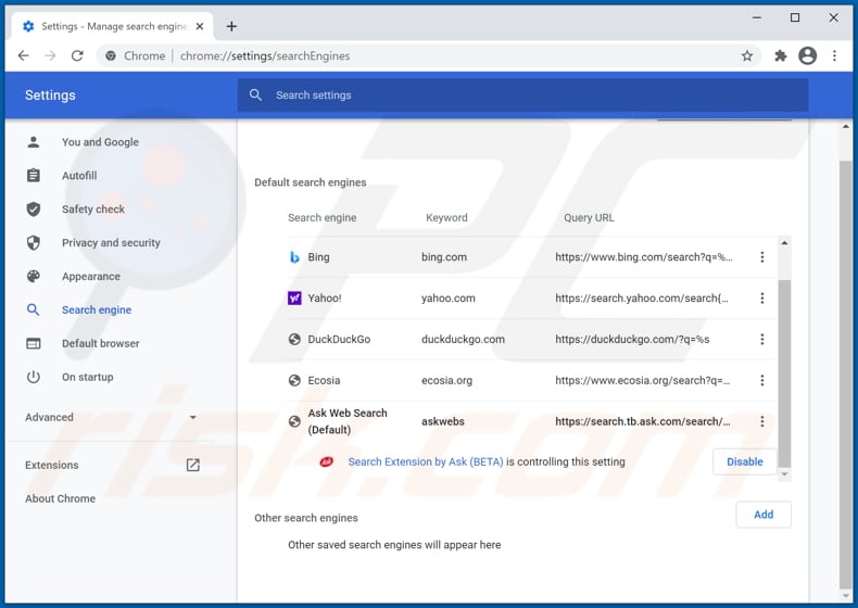 Removing hp.myway.com from Google Chrome default search engine