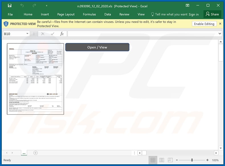 Malicious MS Excel document used to inject Dridex malware into the system