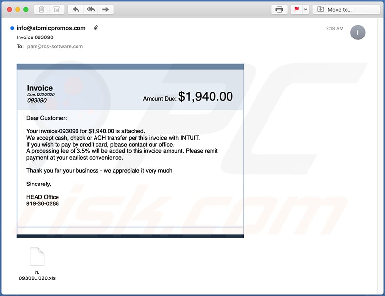 Invoice-themed spam email spreading Dridex malware