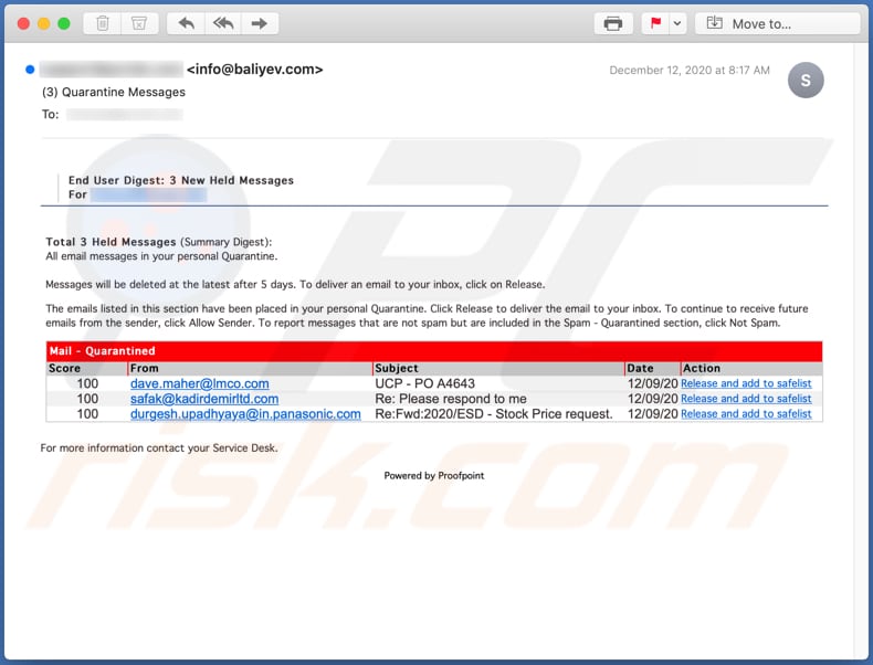 Mail - Quarantined phishing email letter