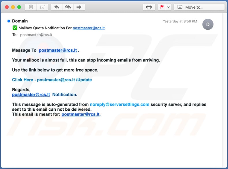 Mail quota-themed spam email used to promote a phishing website (2020-12-08)
