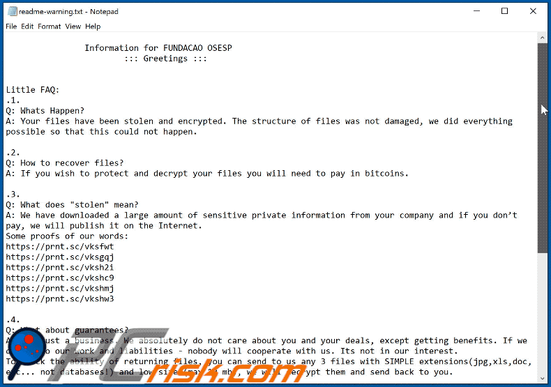Makop ransomware ransom note (readme-warning.txt - 2020-12-02)