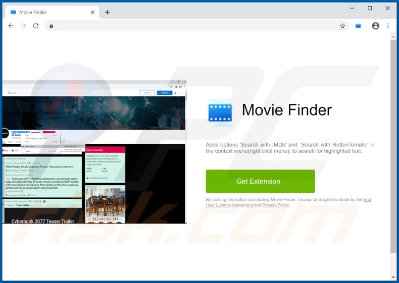 Website used to promote Movie Finder adware