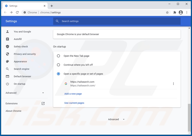 Removing tailsearch.com from Google Chrome homepage