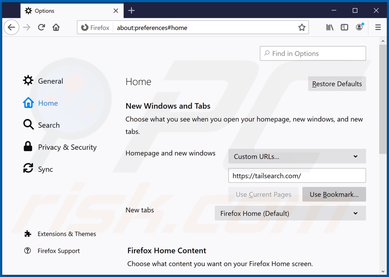 Removing tailsearch.com from Mozilla Firefox homepage