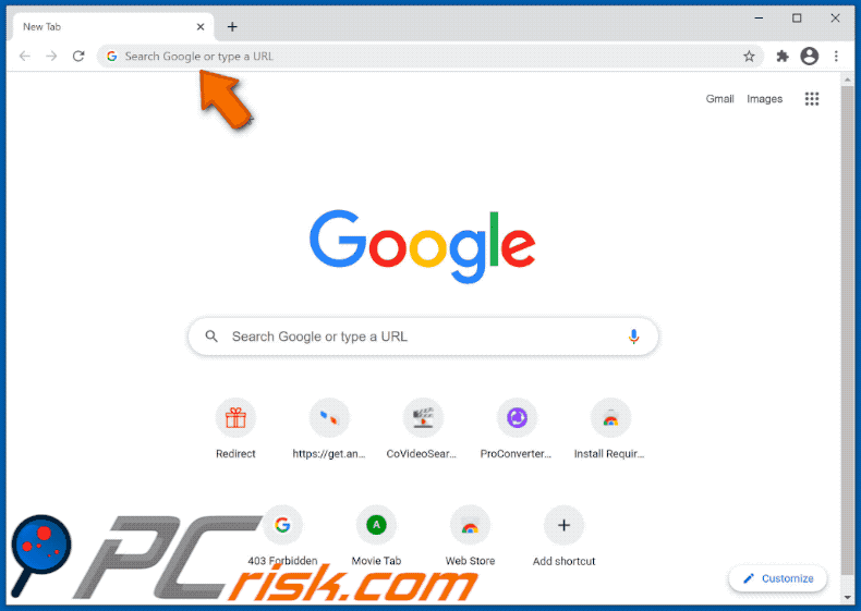 Movie Tab browser hijacker promoting tailsearch.com that redirects to Google (GIF)
