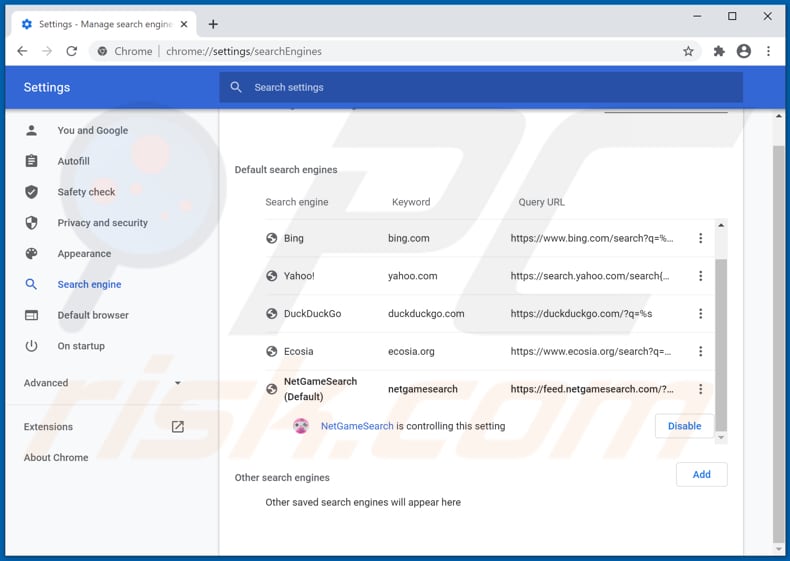 Removing netgamesearch.com from Google Chrome default search engine