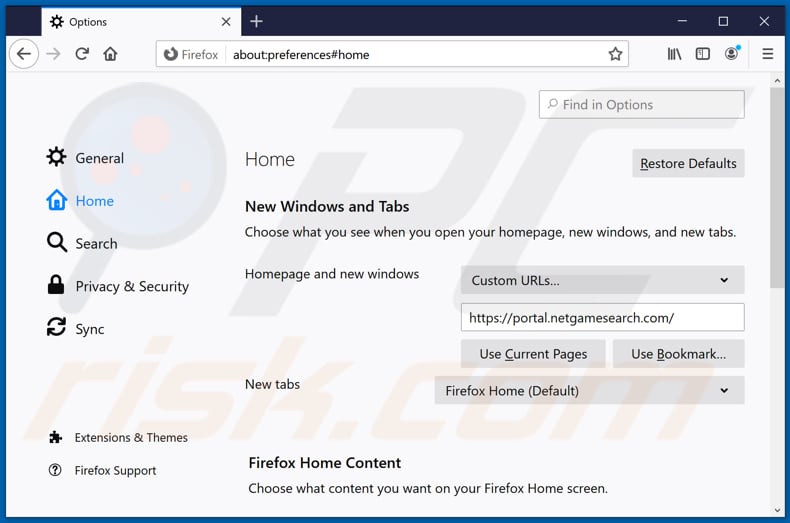 Removing netgamesearch.com from Mozilla Firefox homepage
