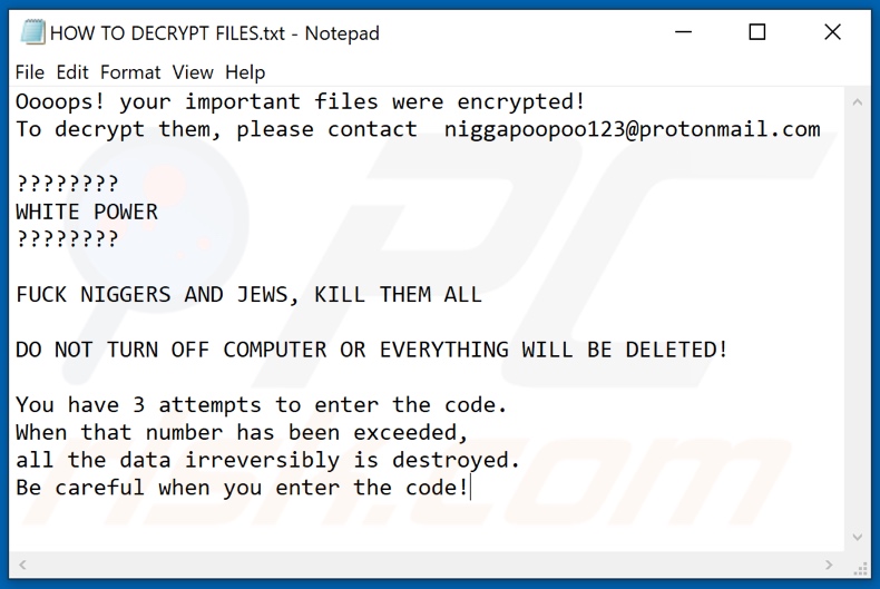 NIGG3R ransomware text file (HOW TO DECRYPT FILES.txt)