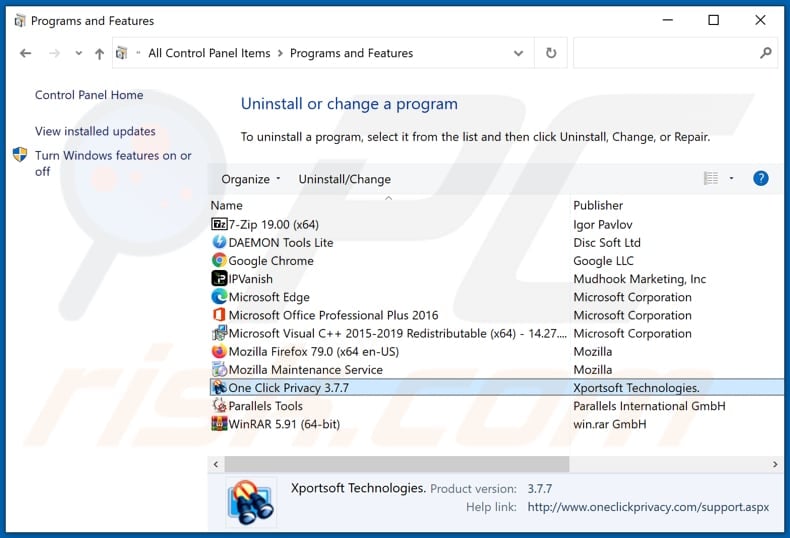 One Click Privacy adware uninstall via Control Panel