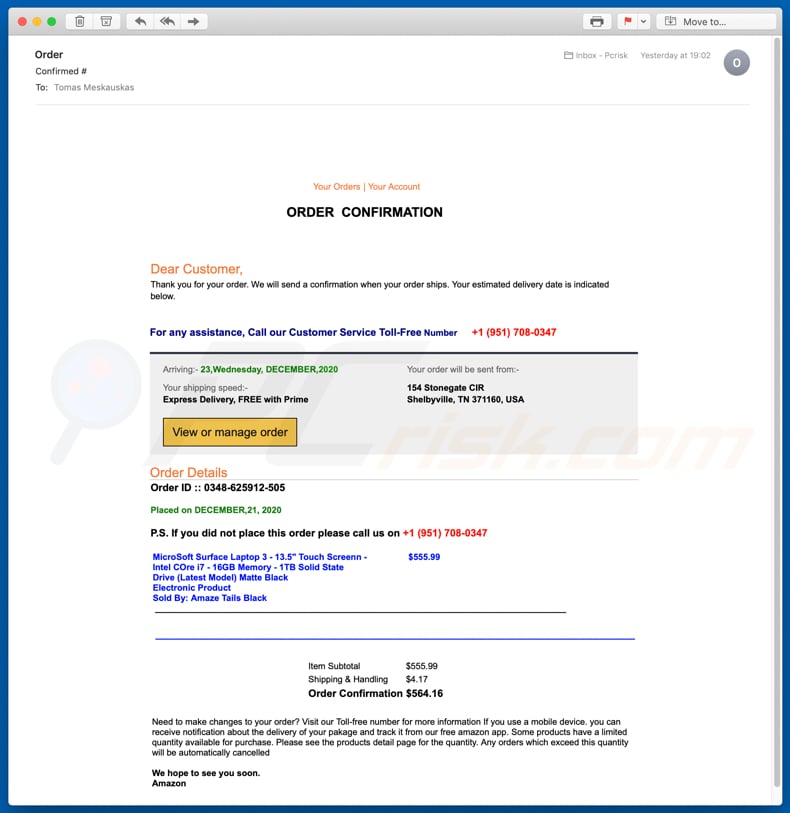 order confirmation email scam example 2