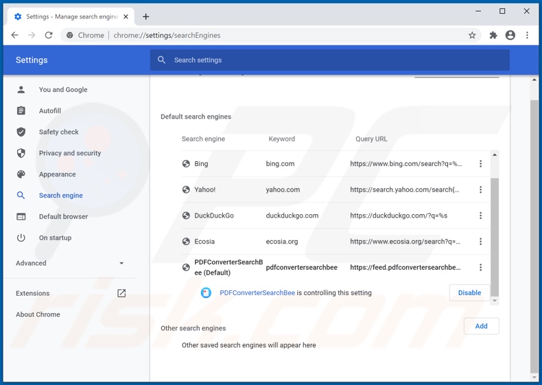 Removing pdfconvertersearchbee.com from Google Chrome default search engine