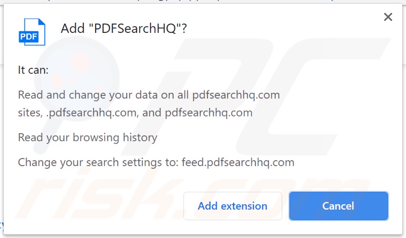 PDFSearchHQ browser hijacker asking for permissions