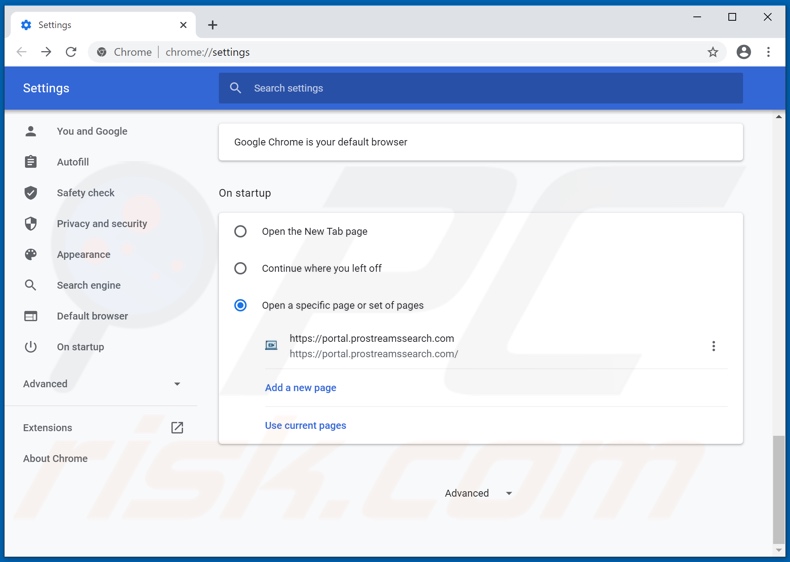 Removing prostreamssearch.com from Google Chrome homepage